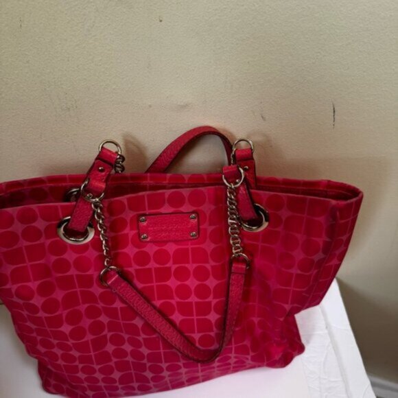 Kate Spade Pink Jacquard Pink Canvas Chain Strap Tote Shoulder Bag Leather Print - Picture 2 of 16